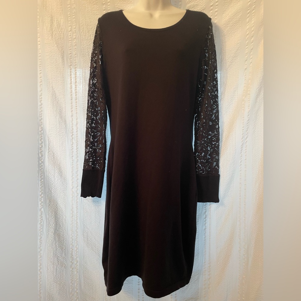 Calvin Klein Black Long Sleeve Knit Dress with Lace Sleeves size 10